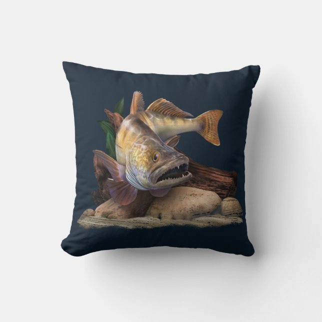 Walleye Fishing Illustration, Walleye Fisherman  Cushion (Front)