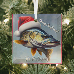  Walleye Wearing a Santa Hat Christmas Glass Tree Decoration
