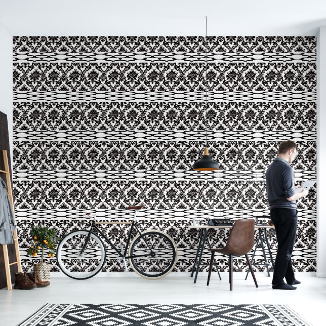 Wallpaper Black & White Stripe Chequered (Living Room)