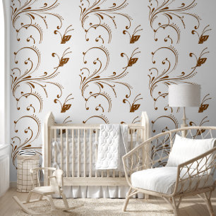 Wallpaper Brown Beige Butterfly Floral