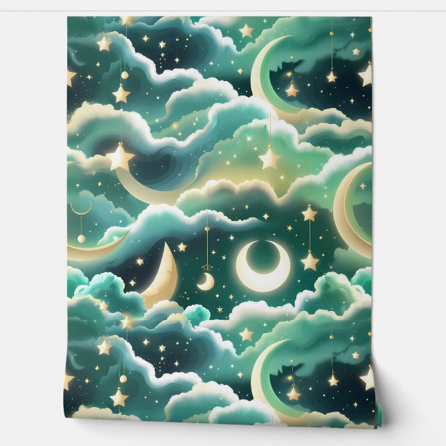 Wallpaper - Mint Green Celestial Moon Design (Unrolling)