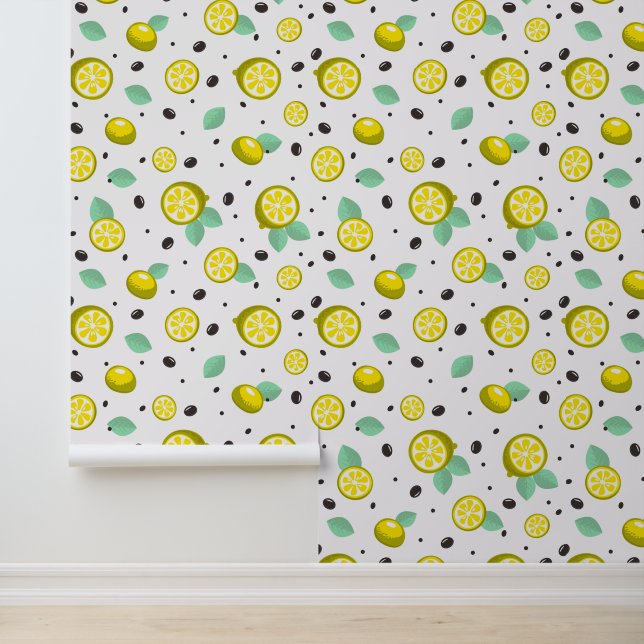 Wallpaper with a modern pattern of leaves, lemons. (Application)