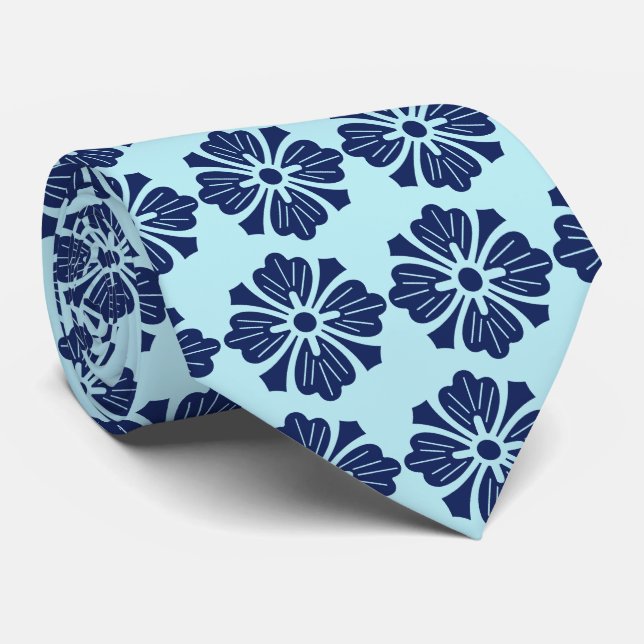 Wallstreet Hibiscus Foulard Aqua & Navy Two-Sided Tie (Rolled)