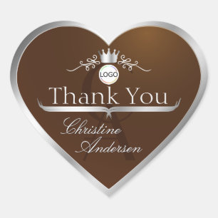 Walnut Brown Silver Frame Logo Monogram Thank You Heart Sticker