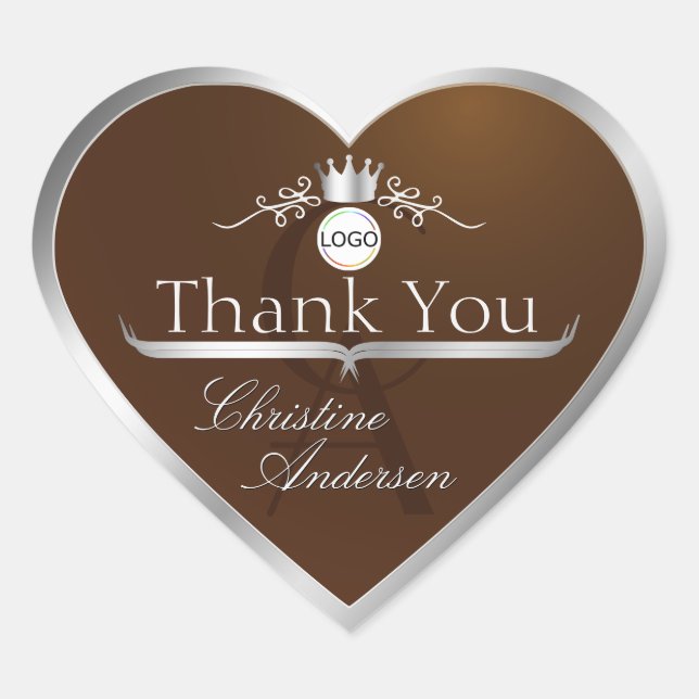 Walnut Brown Silver Frame Logo Monogram Thank You Heart Sticker (Front)