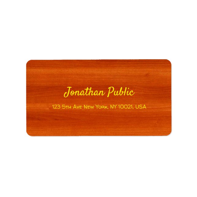 Walnut Wood Gold Elegant Handwriting Name Text Label (Front)