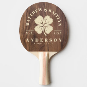 Walnut Wood Irish Clover Wedding Crest Ping Pong Paddle