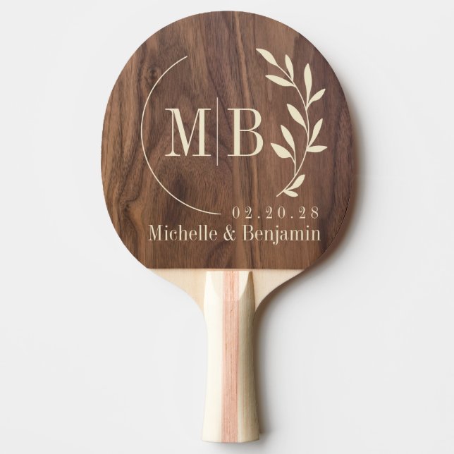 Walnut Wood Leaf Wedding Monogram Ping Pong Paddle (Front)