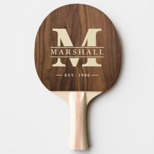 Walnut Wood Monogram & Name Overlay Ping Pong Paddle