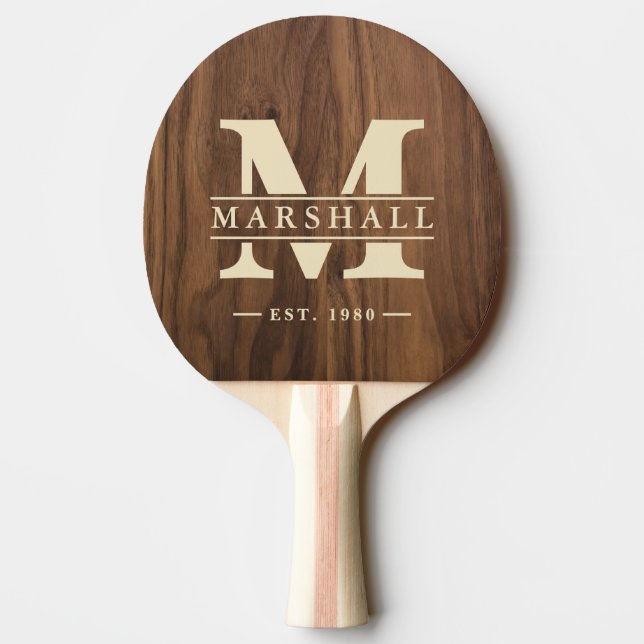Walnut Wood Monogram & Name Overlay Ping Pong Paddle (Back)