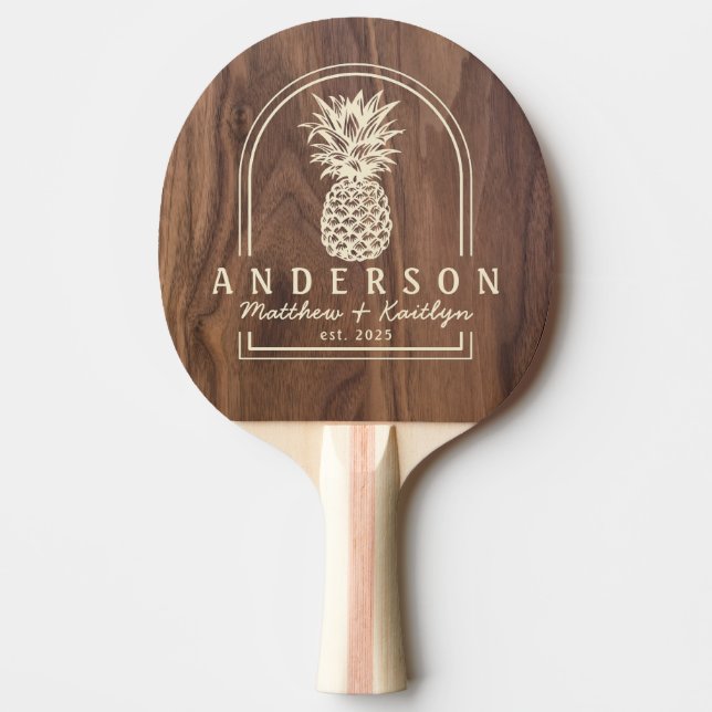 Walnut Wood Pineapple Wedding Arch & Name Ping Pong Paddle (Front)