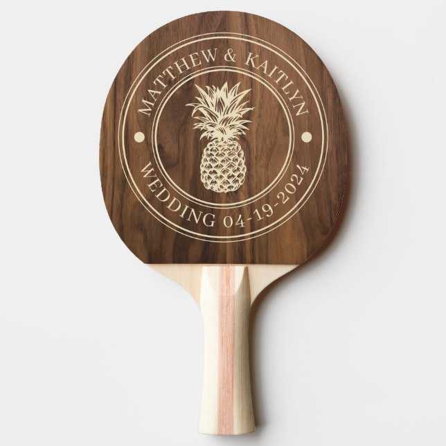 Walnut Wood Pineapple Wedding Crest & Names Ping Pong Paddle (Back)