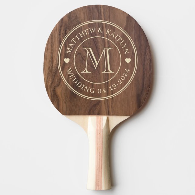 Walnut Wood Wedding Monogram Heart Ping Pong Paddle (Front)