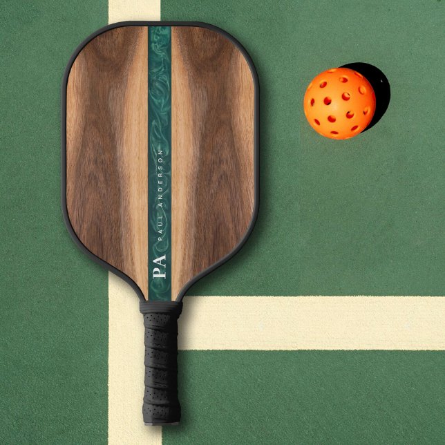 Walnut Wooden Green Marble Monogram Name Custom Pickleball Paddle (Creator Uploaded)