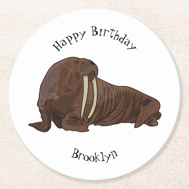 Walrus cartoon illustration round paper coaster (Front)