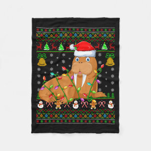 Walrus Christmas Lights Funny Santa Ugly Sweaters  Fleece Blanket