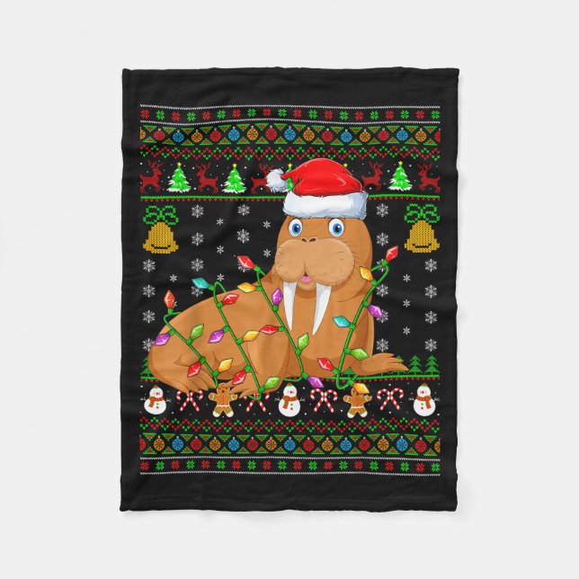 Walrus Christmas Lights Funny Santa Ugly Sweaters  Fleece Blanket (Front)