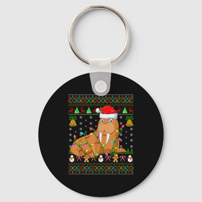 Walrus Christmas Lights Funny Santa Ugly Sweaters  Key Ring (Front)