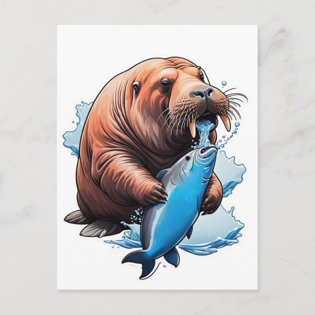 Walrus Fishing In The Sea Postcard (Front)