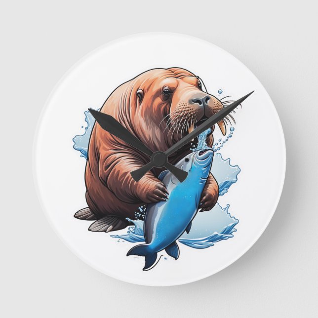 Walrus Fishing In The Sea Round Clock (Front)