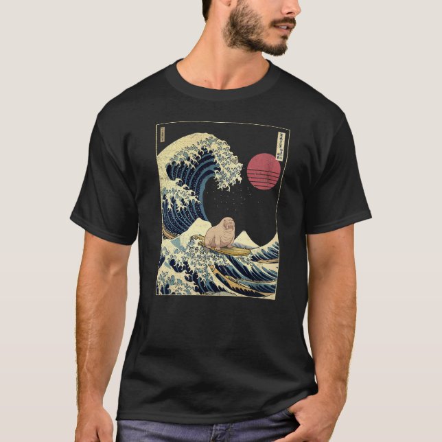 Walrus Japanese Kanagawa Wave Funny Surf Animal T-Shirt (Front)