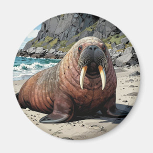 Walrus on a Sandy Beach Cute Animals Magnet