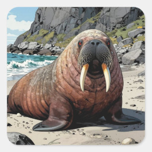 Walrus on a Sandy Beach Cute Animals Square Sticker