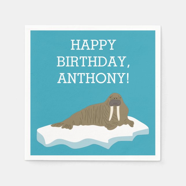 Walrus on an Iceberg Custom Birthday Party Napkin (Front)