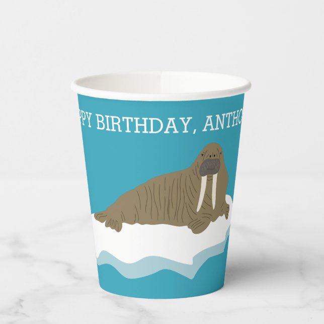 Walrus on an Iceberg Custom Birthday Party Paper Cups (Left)