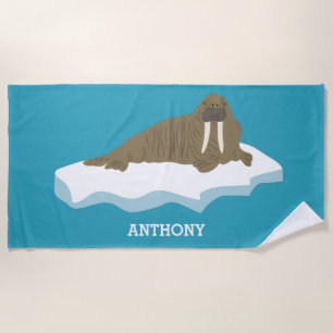 Walrus on an Iceberg Illustration Personalised Beach Towel