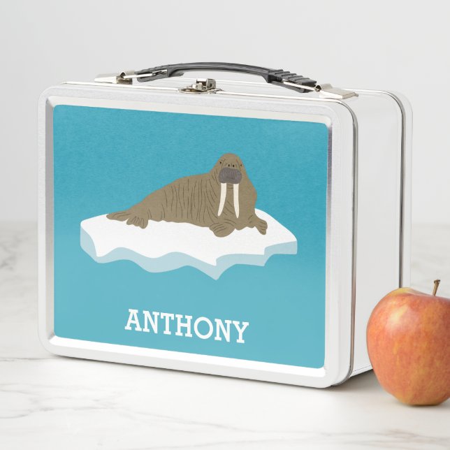 Walrus on an Iceberg Illustration Personalised Metal Lunch Box (In Situ)