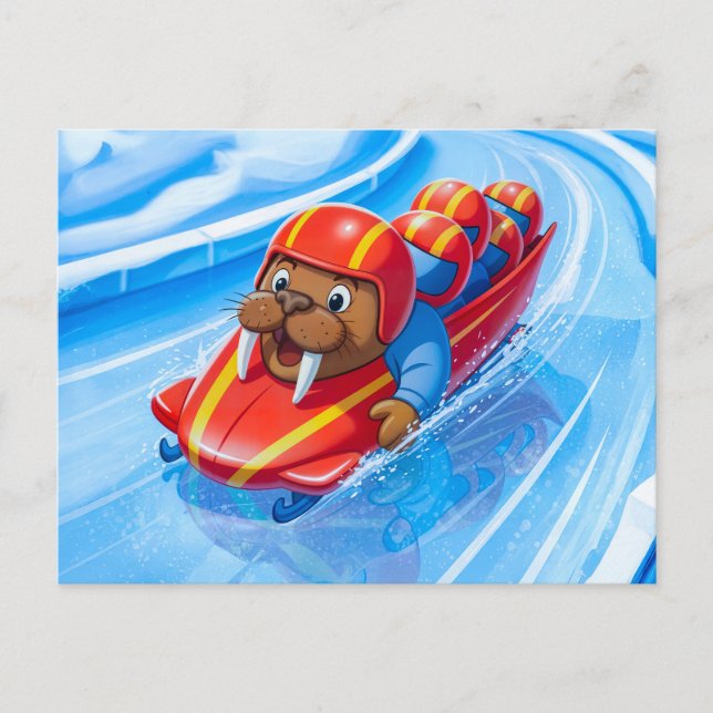 Walrus Racing Down the Track in a Fast Bobsleigh R Postcard (Front)