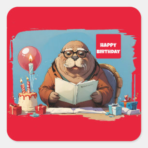 Walrus reading book square sticker