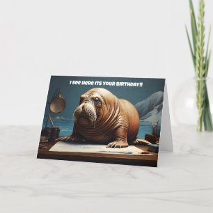 Walrus reading paper thank you card