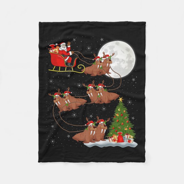 Walrus Santa Sleigh Flying Funny Magical Christmas Fleece Blanket (Front)