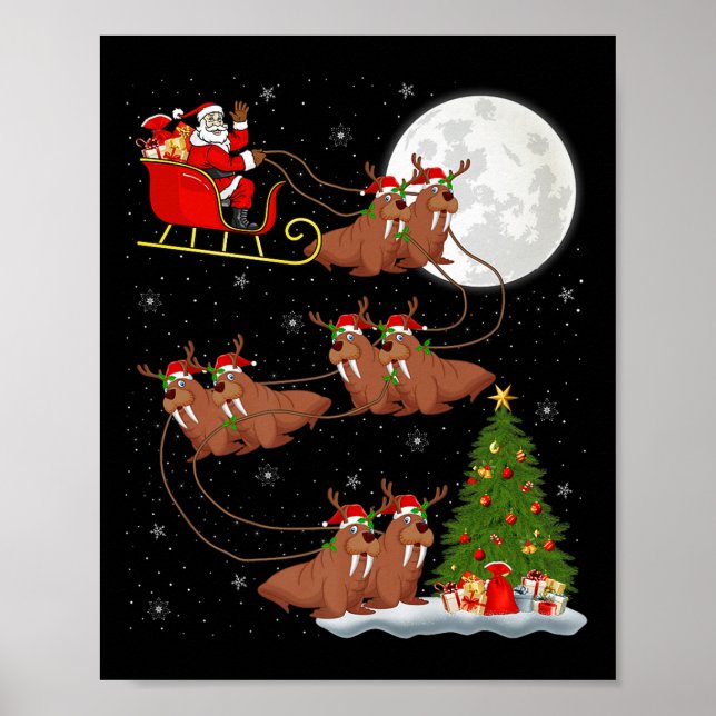 Walrus Santa Sleigh Flying Funny Magical Christmas Poster (Front)