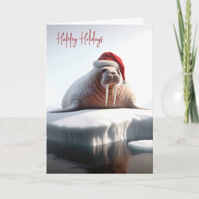 Walrus Wearing a Santa Hat Holiday Card (Front)