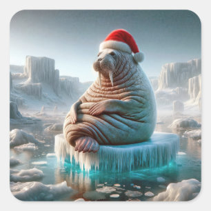 Walrus Wearing a Santa Hat Square Sticker