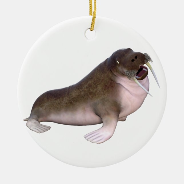 Walrus with quizzical look ceramic tree decoration (Front)