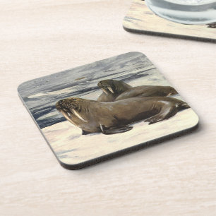 Walruses in the Arctic Snow, Vintage Marine Animal Coaster