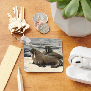 Walruses in the Arctic Snow, Vintage Marine Animal Key Ring