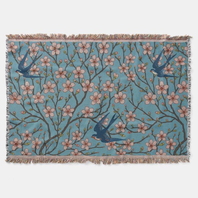 Walter Crane Almond Blossom & Swallow Throw Blanket (Front)