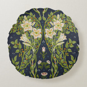 Walter Crane Berried Branches with White Lilies Round Cushion