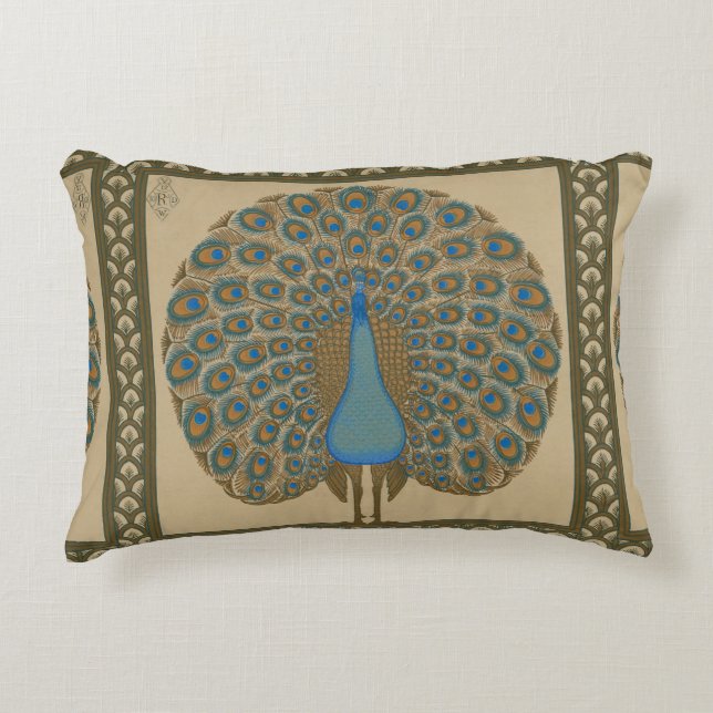 Walter Crane Blue Peacock with its tail outspread  Decorative Cushion (Front)