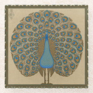 Walter Crane Blue Peacock with its tail outspread Glass Coaster