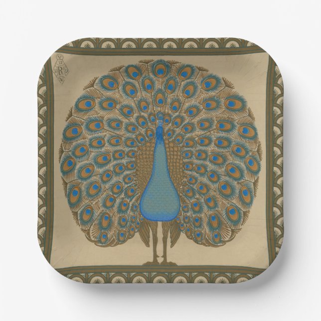 Walter Crane Blue Peacock with its tail outspread  Paper Plate (Front)