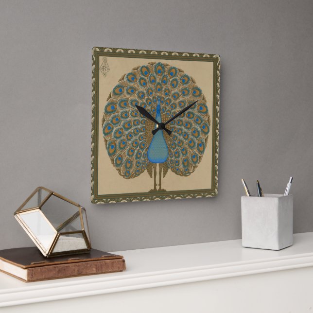 Walter Crane Blue Peacock with its tail outspread  Square Wall Clock (Office)