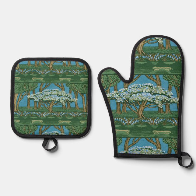 Walter Crane May Tree Wallpaper Green Blue Oven Mitt & Pot Holder Set (Front)