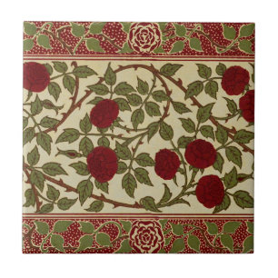Walter Crane Red Roses with Thorned Stems Tile