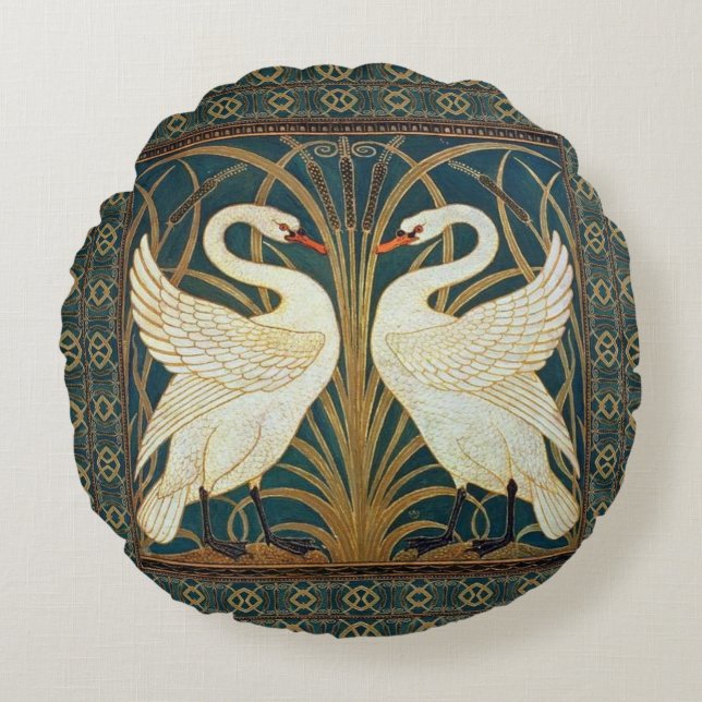 Walter Crane Swan, Rush And Iris Art Nouveau  Round Cushion (Front)